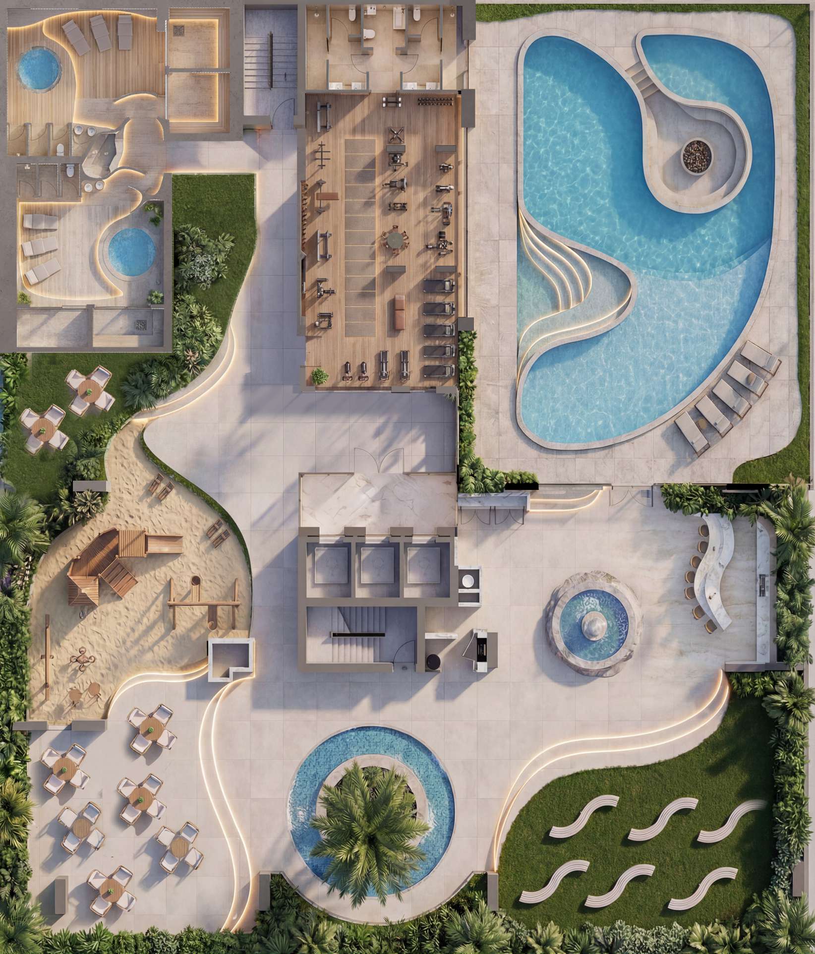 Aerial view of the first-floor deck with pools, gym, gardens and seating
