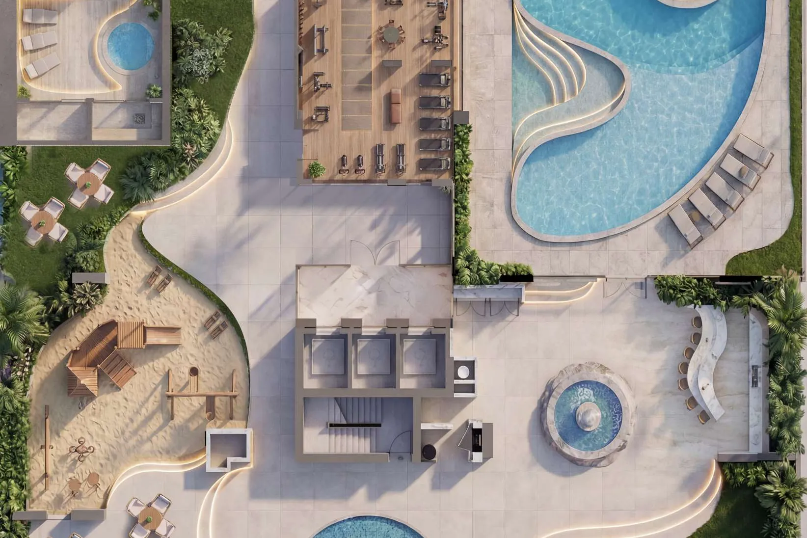 Aerial view of the first-floor deck with pools, gym, gardens and seating