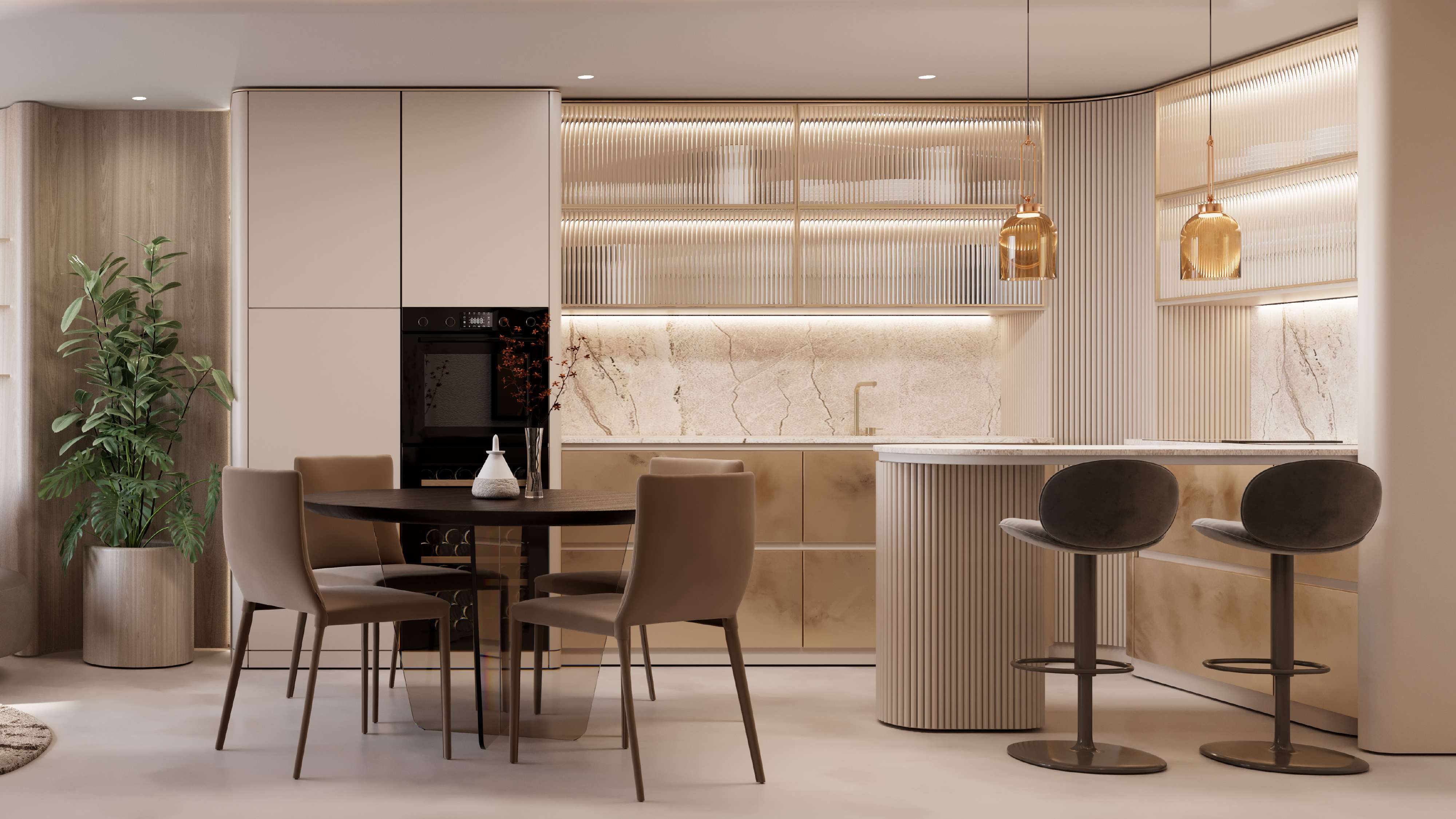 Kitchen with marble splashback, fluted glass cabinets and round dining table