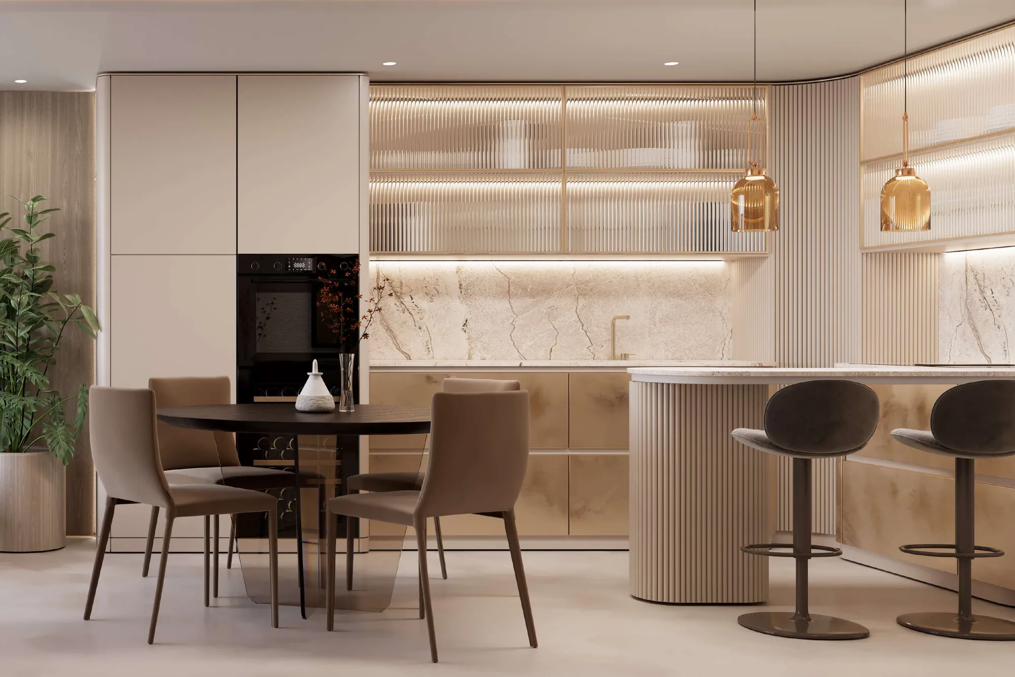 Kitchen with marble splashback, fluted glass cabinets and round dining table