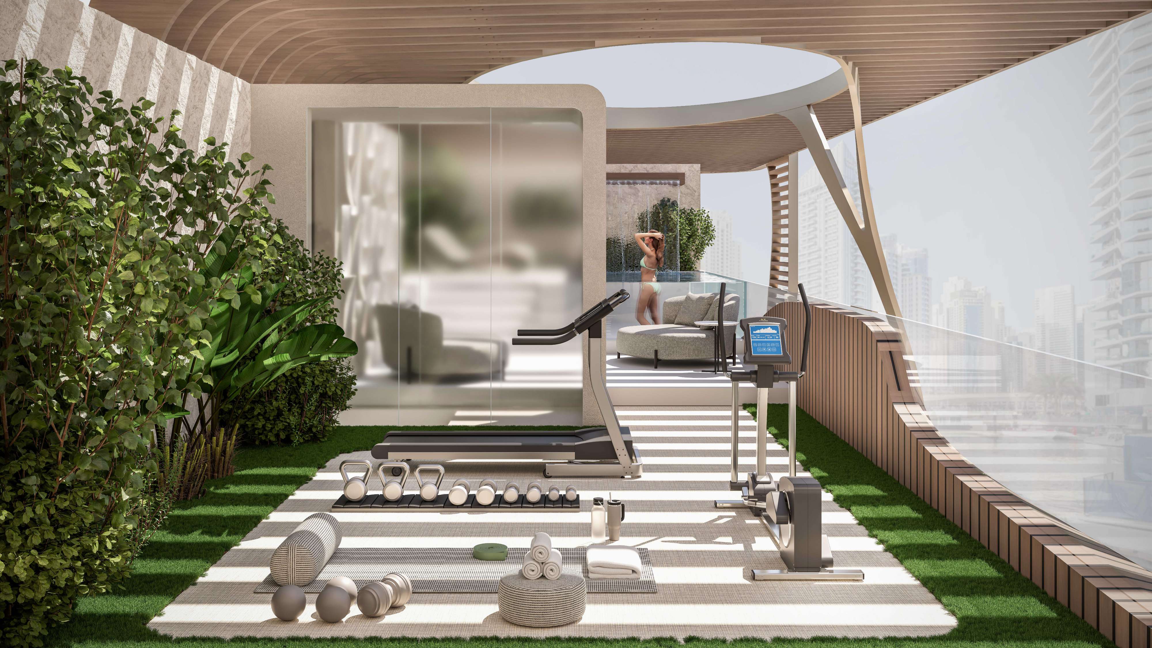 Rooftop terrace gym with treadmill and weights among greenery