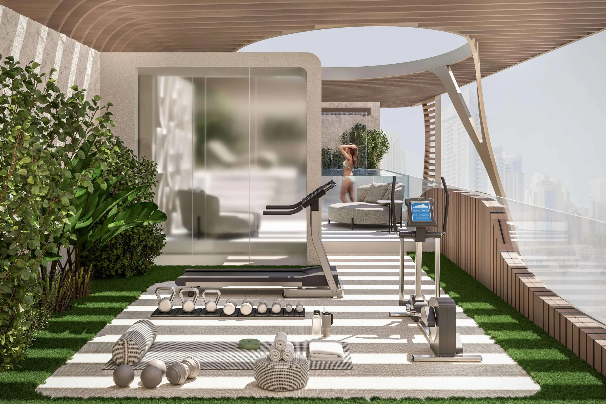 Rooftop terrace gym with treadmill and weights among greenery