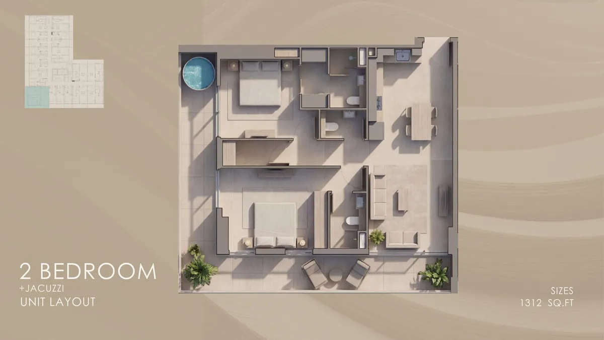 Floor plans: 2 bedrooms, with a terrace jacuzzi