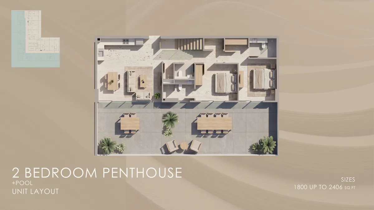 Floor plans: 2-bedroom penthouse, with a private rooftop pool