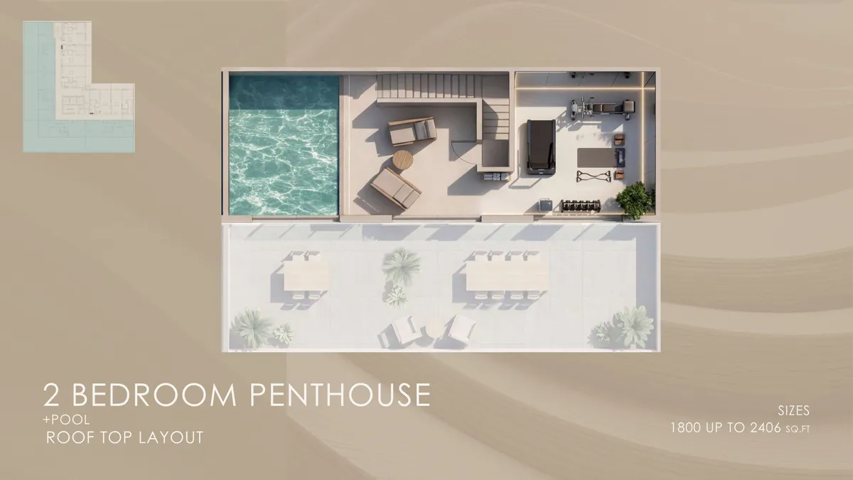 Floor plans: 2-bedroom penthouse, with a private rooftop pool